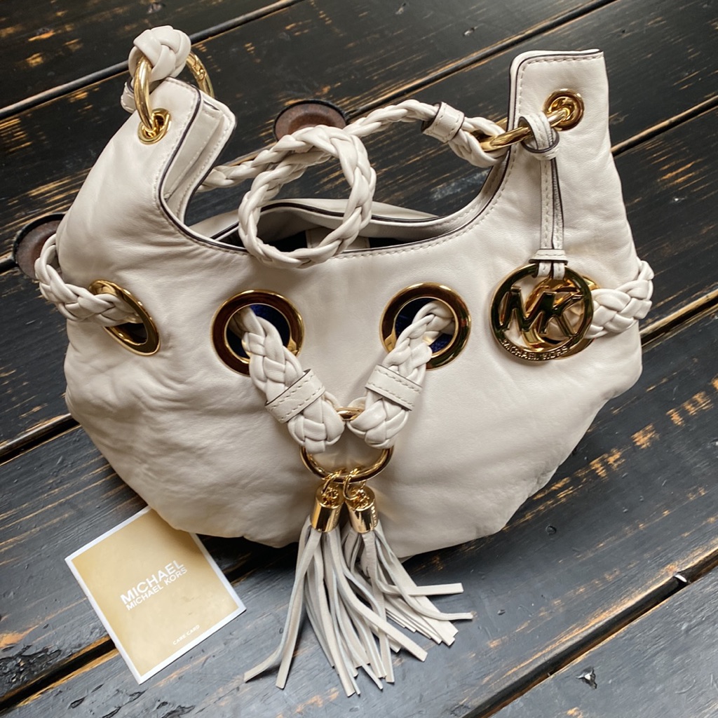 Michael Kors White Leather Braided Handle Camden Bag